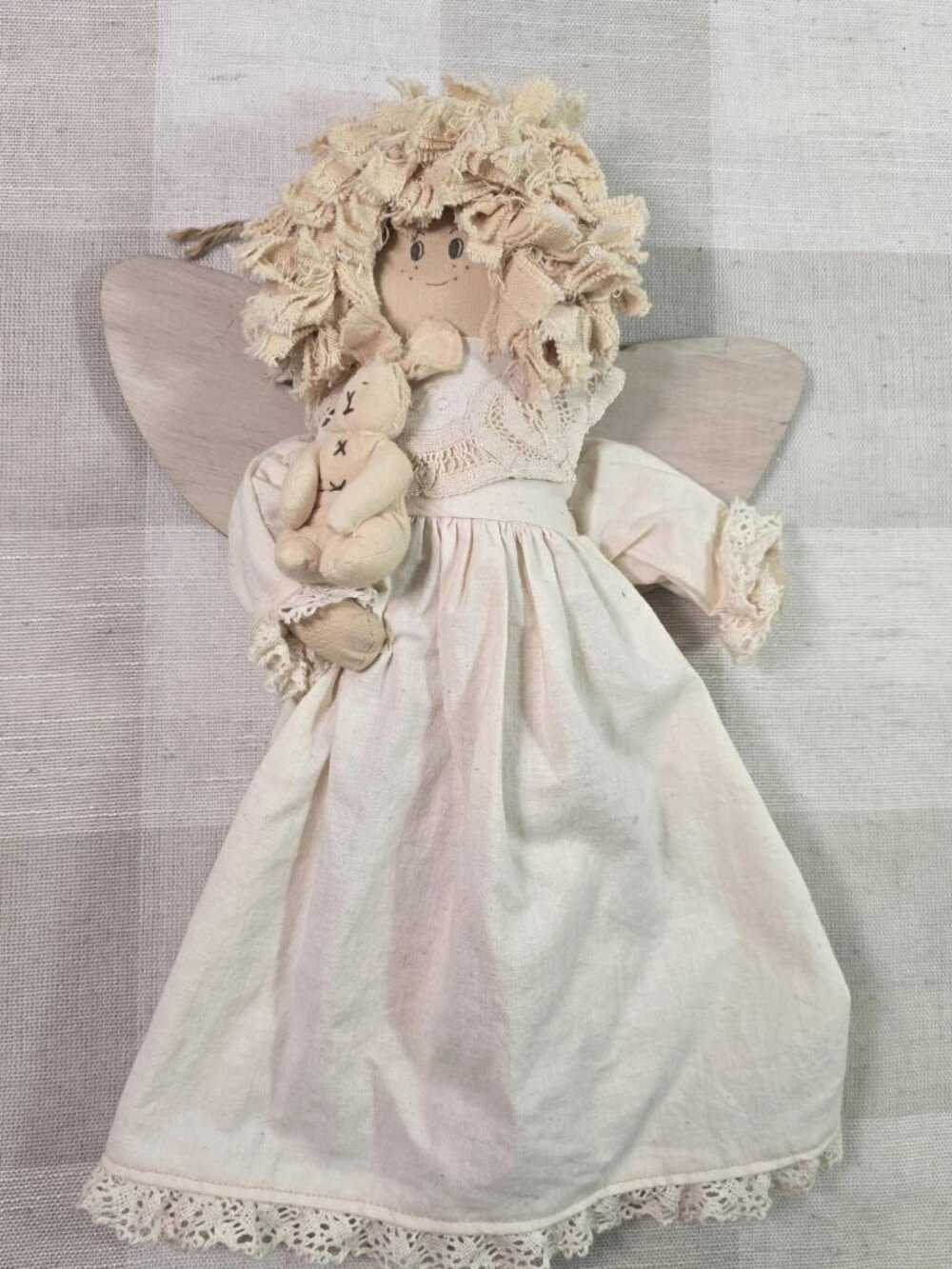 Folk Art Hanging Angel Rag Doll W/ Bunny Wooden Wings Cottagecore Farmhouse